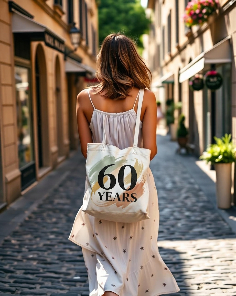 Frau mit Sommerkleid und cremefarbener Stofftasche auf Kopfsteinpflaster in Italien