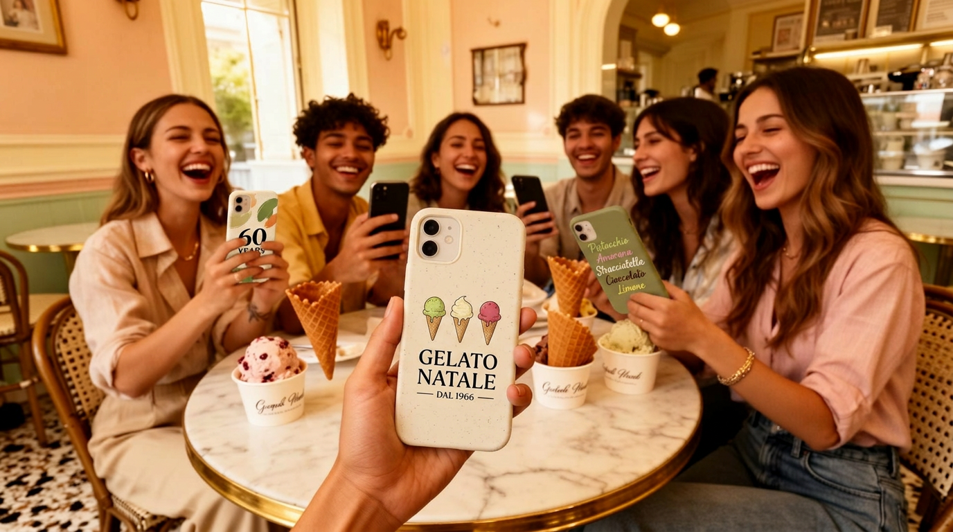 Freunde im italienischen Eiscafé halten Smartphones mit GELATO-NATALE-Handyhüllen