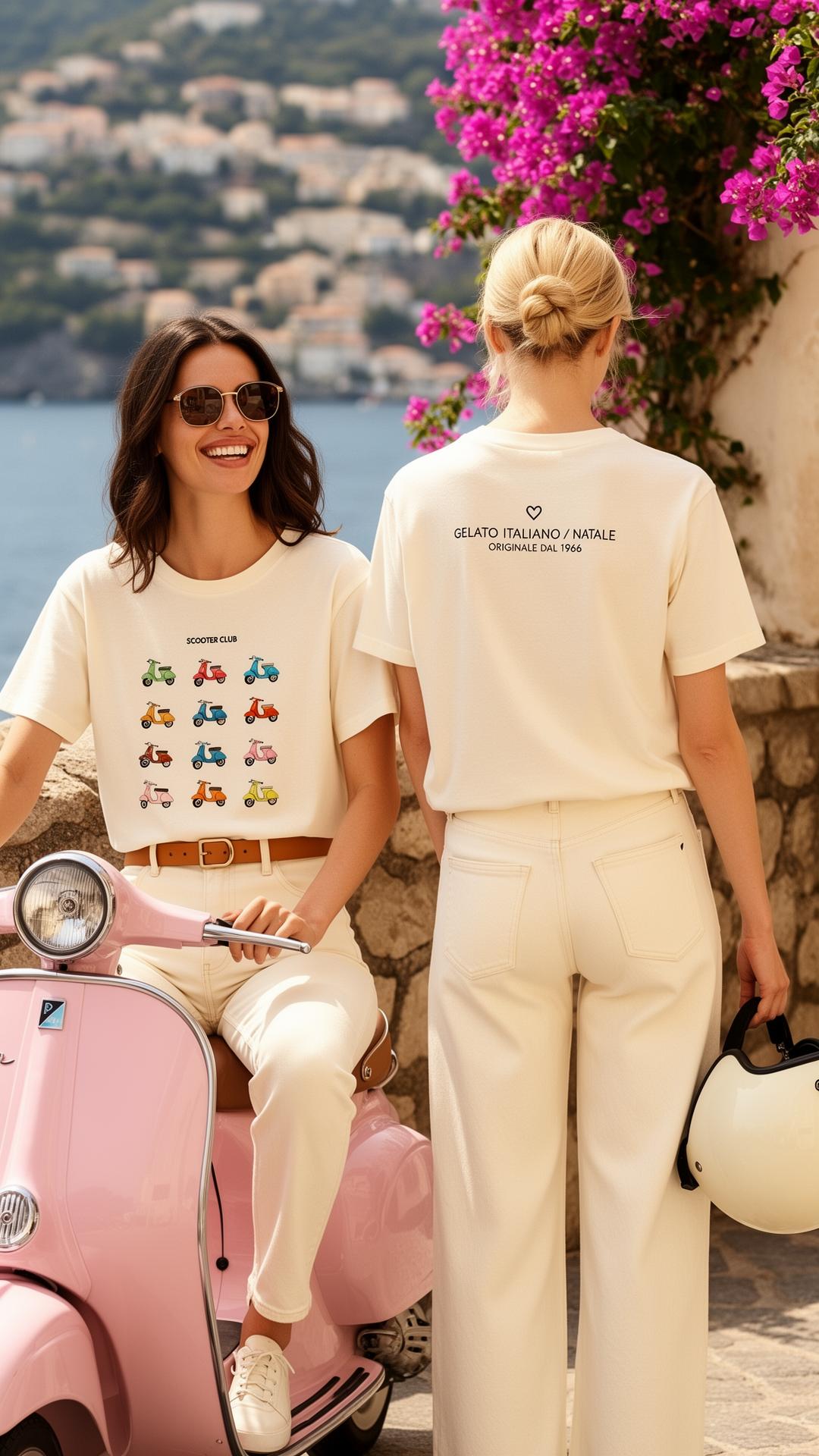 Zwei Personen auf einem Vespa Scooter mit Natale Collection Shirts