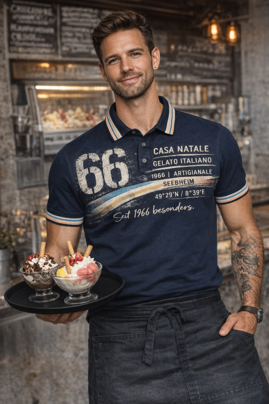Heritage 66 Polo in Navy in einer Eisdiele mit Serviertablett und Eisbechern