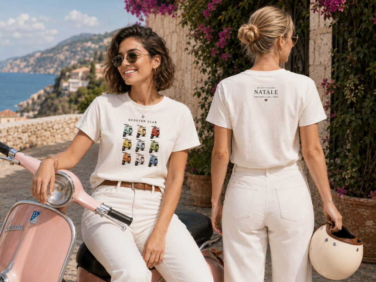 Scooter Club Shirt in Weiß mit frontaler Motivansicht und kleinem Natale-Logo auf der Rückseite